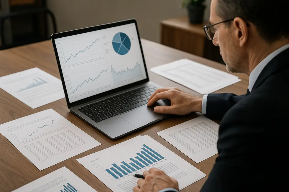 A CFO examines financial charts emphasizing the accrual and matching principles.